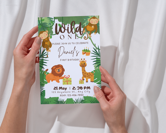 Cute animal themed digital birthday invitation for toddler's first birthday
