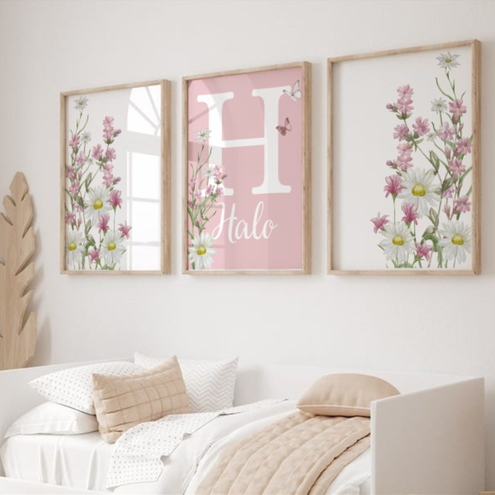 wildflower personalised print, in a set of three, floral prints with name and initial , pastel pink tines
