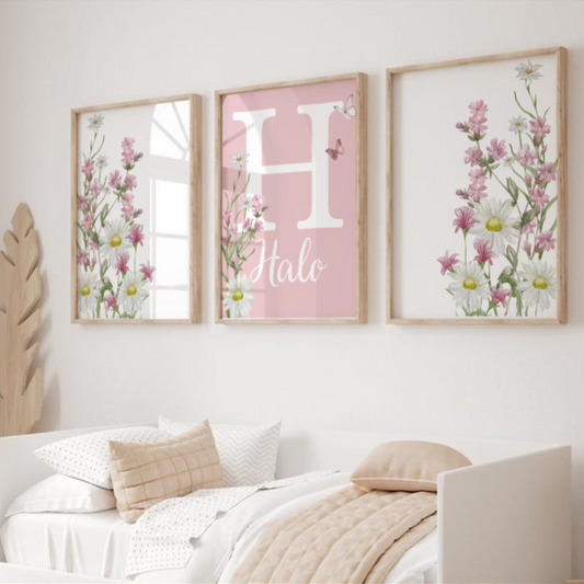 wildflower personalised print, in a set of three, floral prints with name and initial , pastel pink tines
